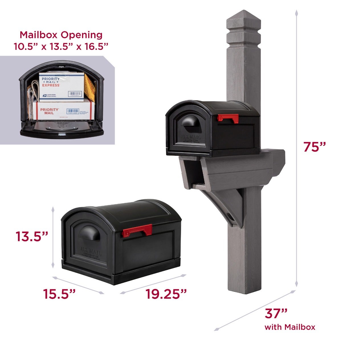 Highland™ Dark Cedar Mail Post & XL Black Mailbox dimensions
