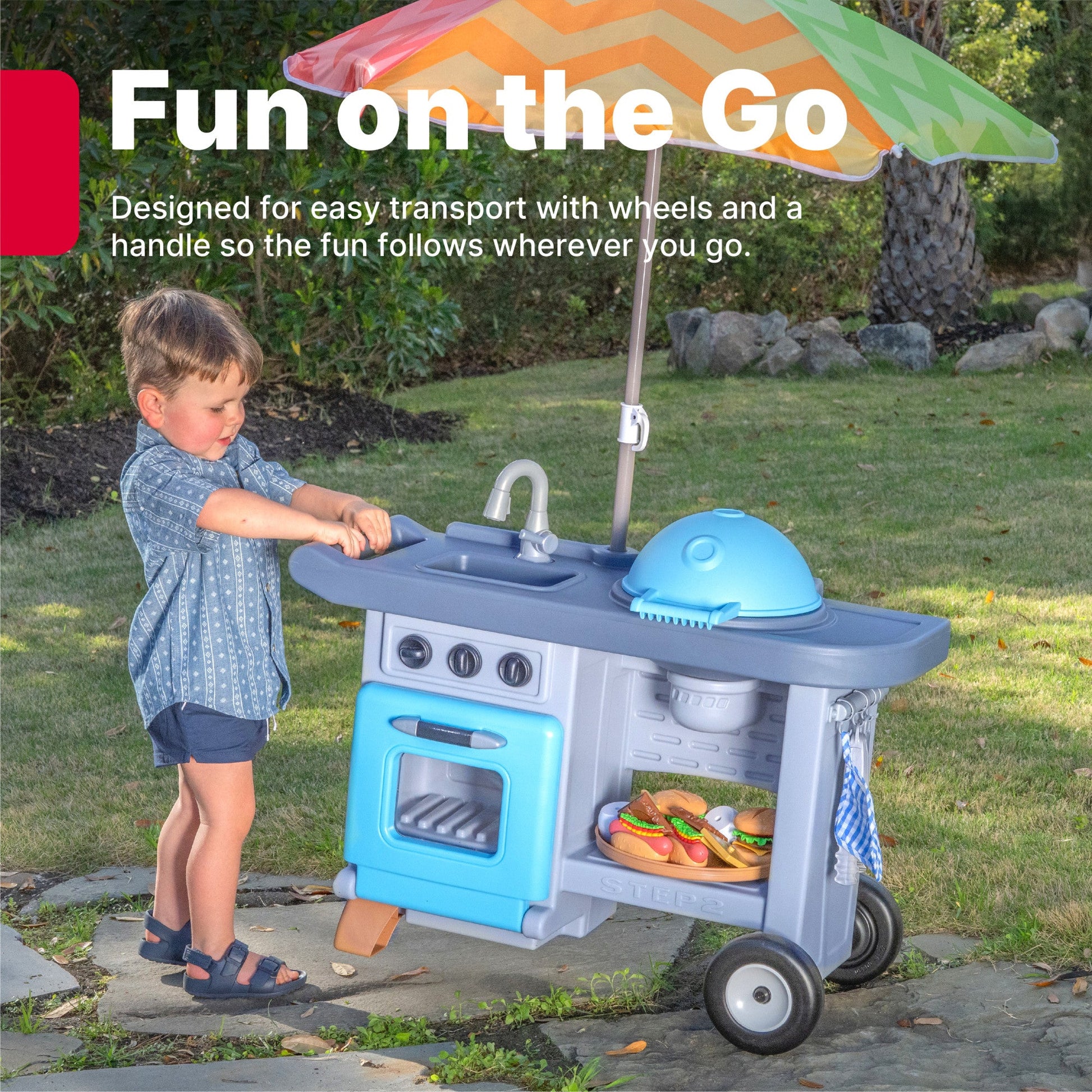 Grill & Go BBQ Cart with Lights and Sounds™ easy transport with wheels and handle.