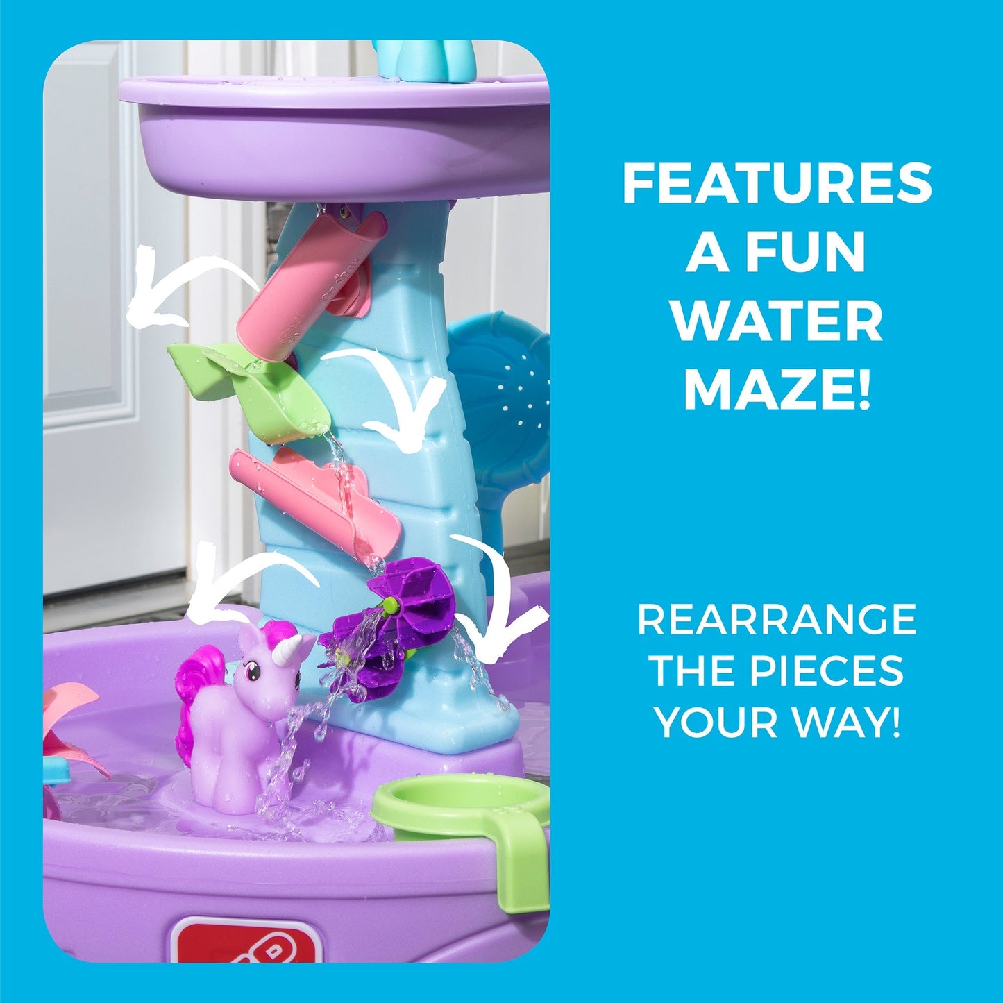 Rain Showers & Unicorns Water Table™ features a water maze