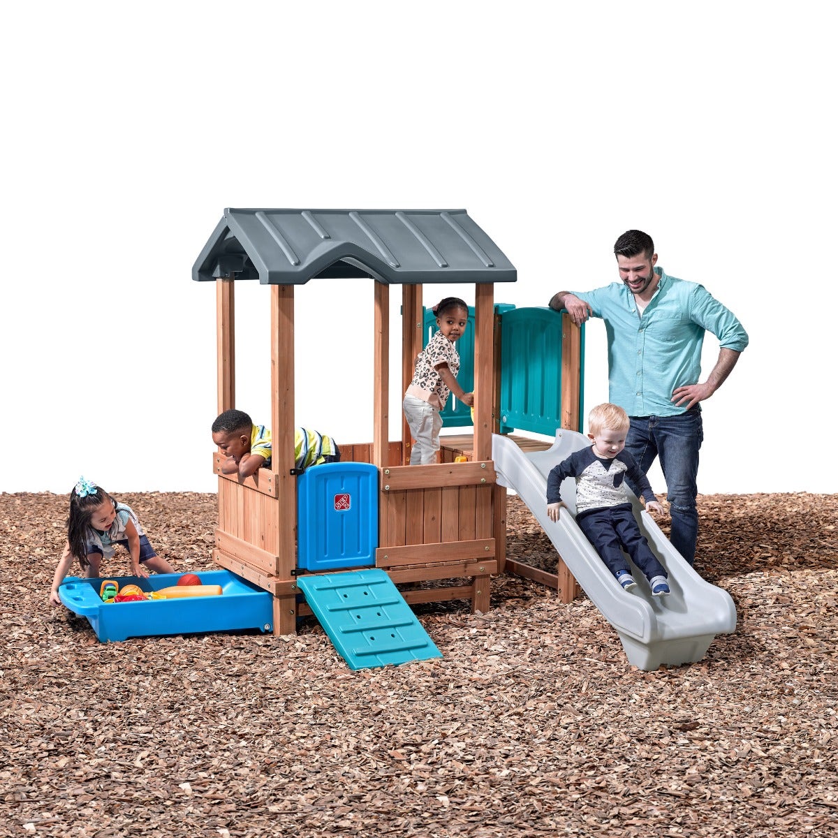 Woodland Adventure Playhouse & Slide kids playing