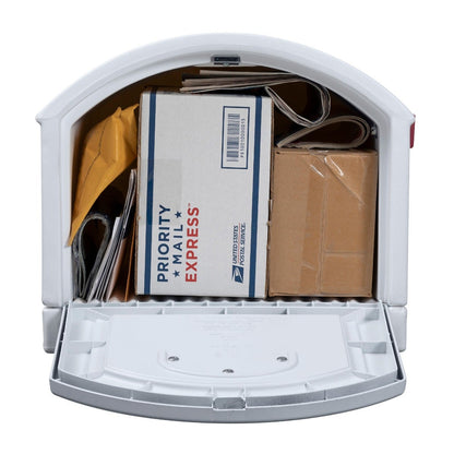 Town-to-Town XL Post-Mount Mailbox™ - White with envelopes and boxes.