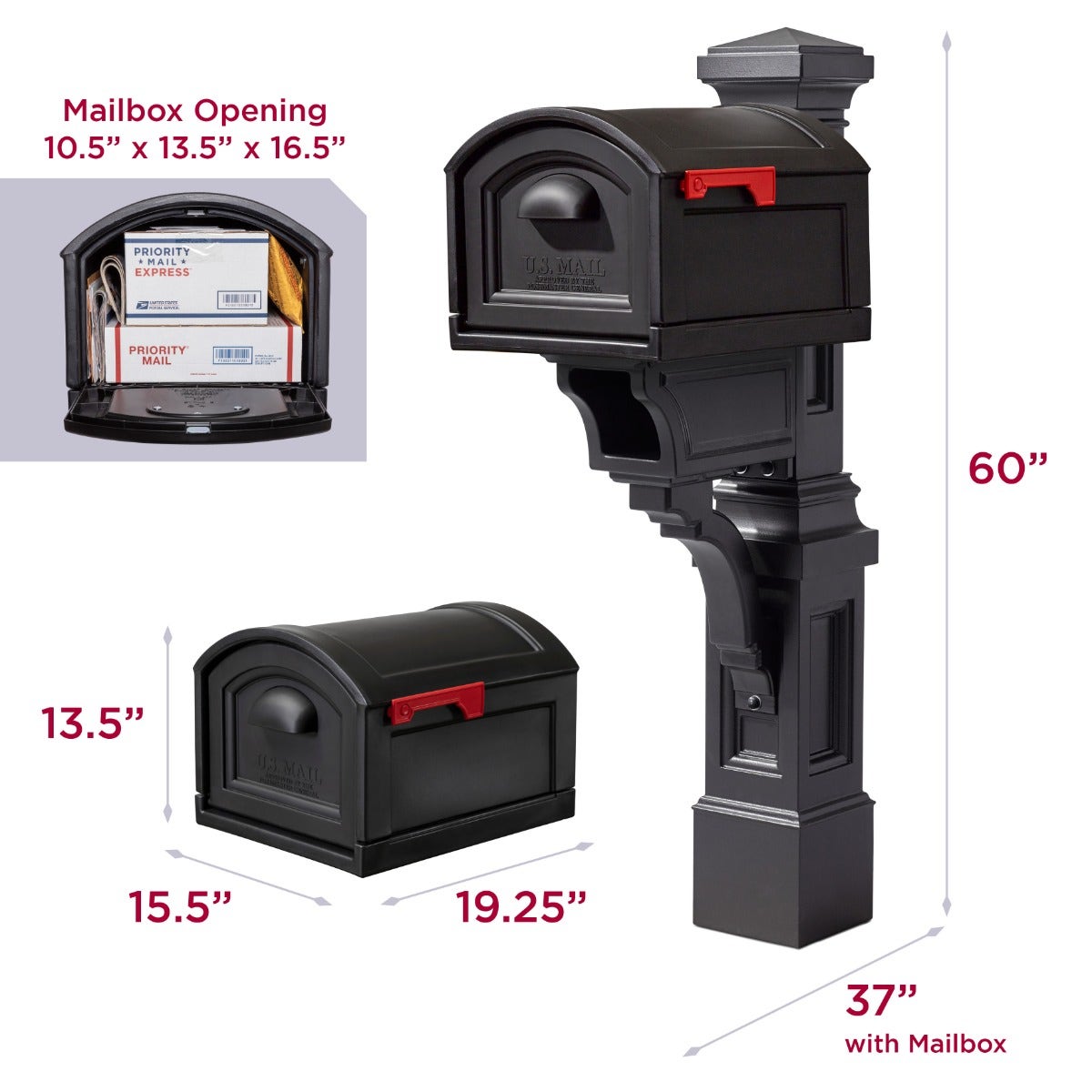 Atherton™ Onyx Black Mail Post & XL Black Mailbox dimensions<br />