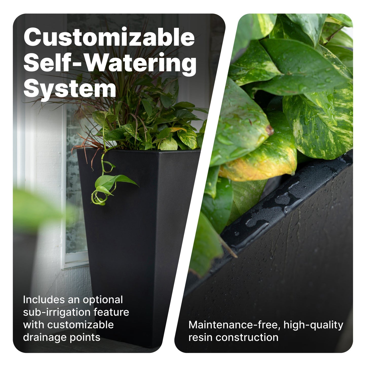 Tremont Tall Square Tapered Planter with customizable self-watering system