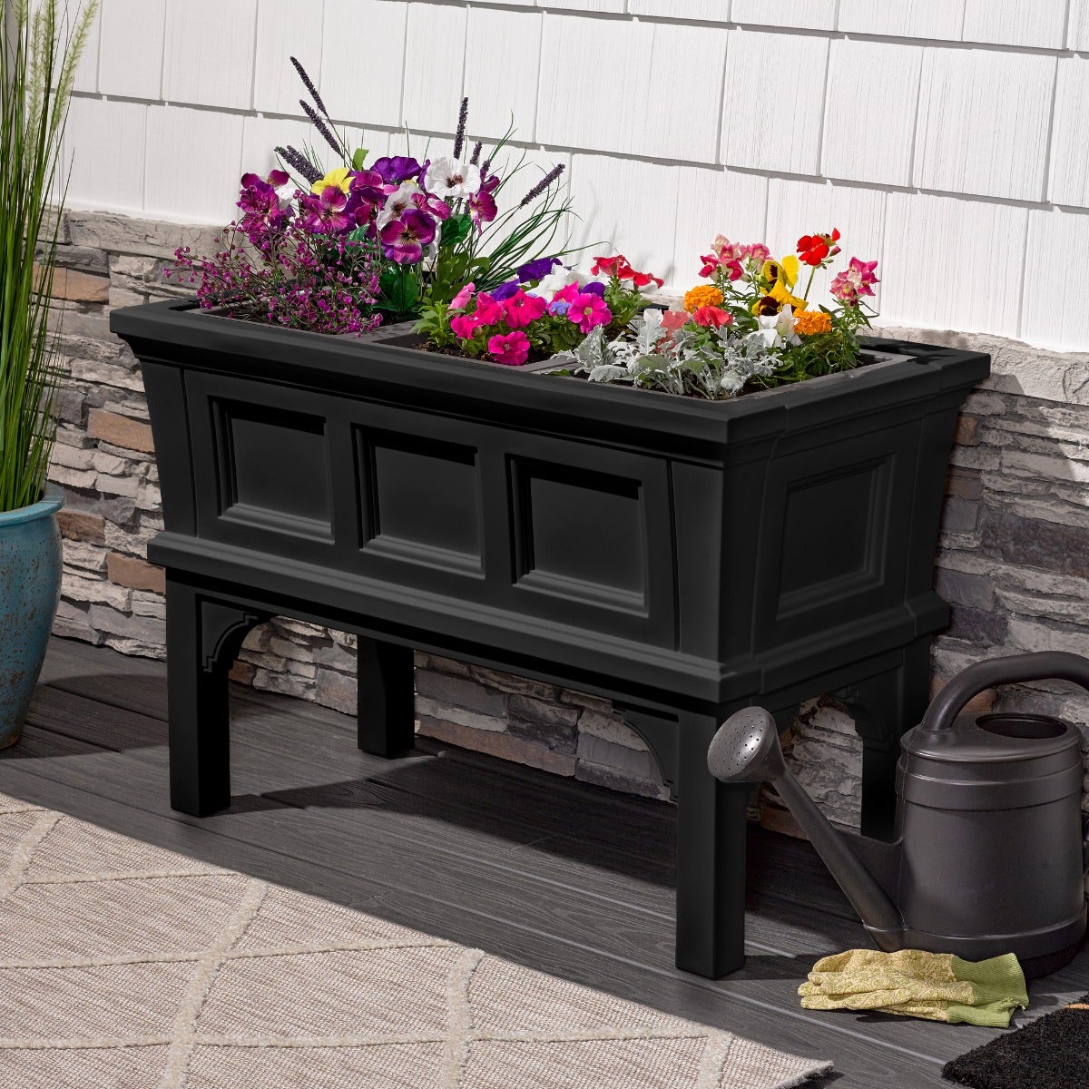 Atherton Raised Planter Onyx Black with plants
