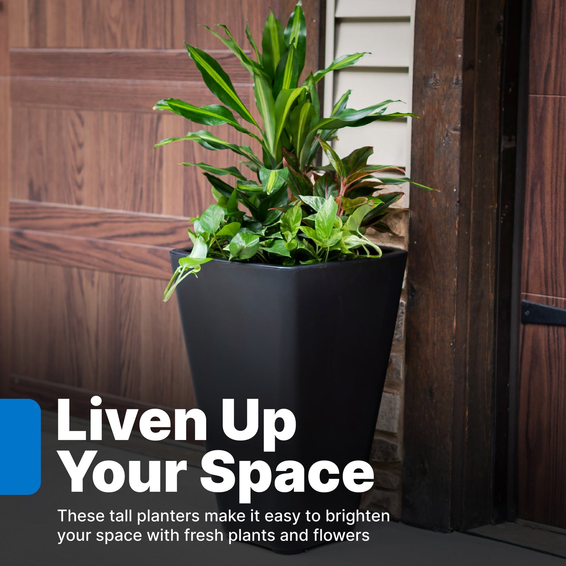 Bridgeview Tall Planter with plants and flowers