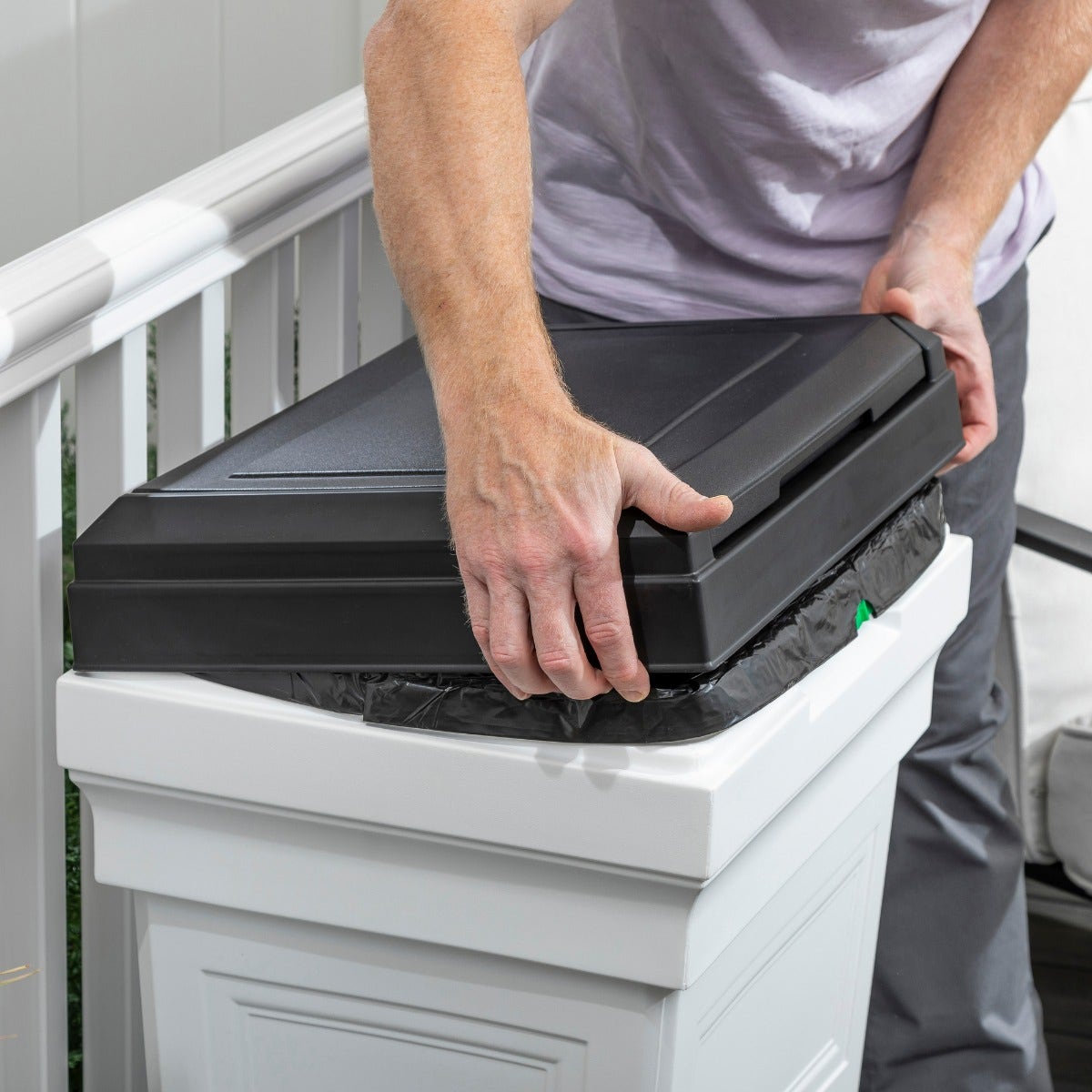 Atherton Trash Container™ - Classic White removing lid.