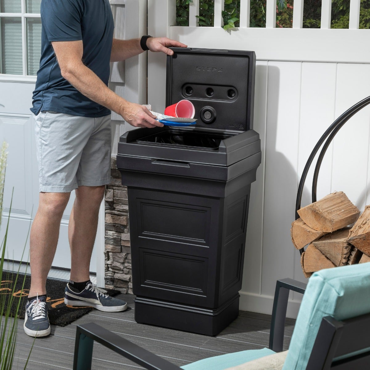 Atherton Trash Container™ - Onyx Black man throwing away trash