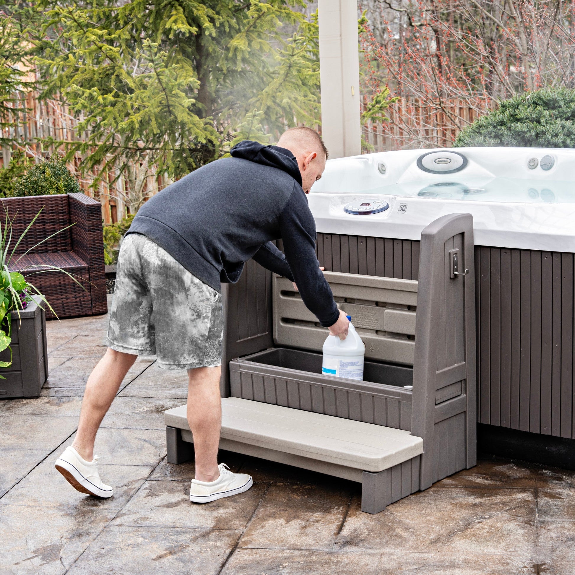 Hot Tub Storage Steps With Handrail top step lid opens to storage area