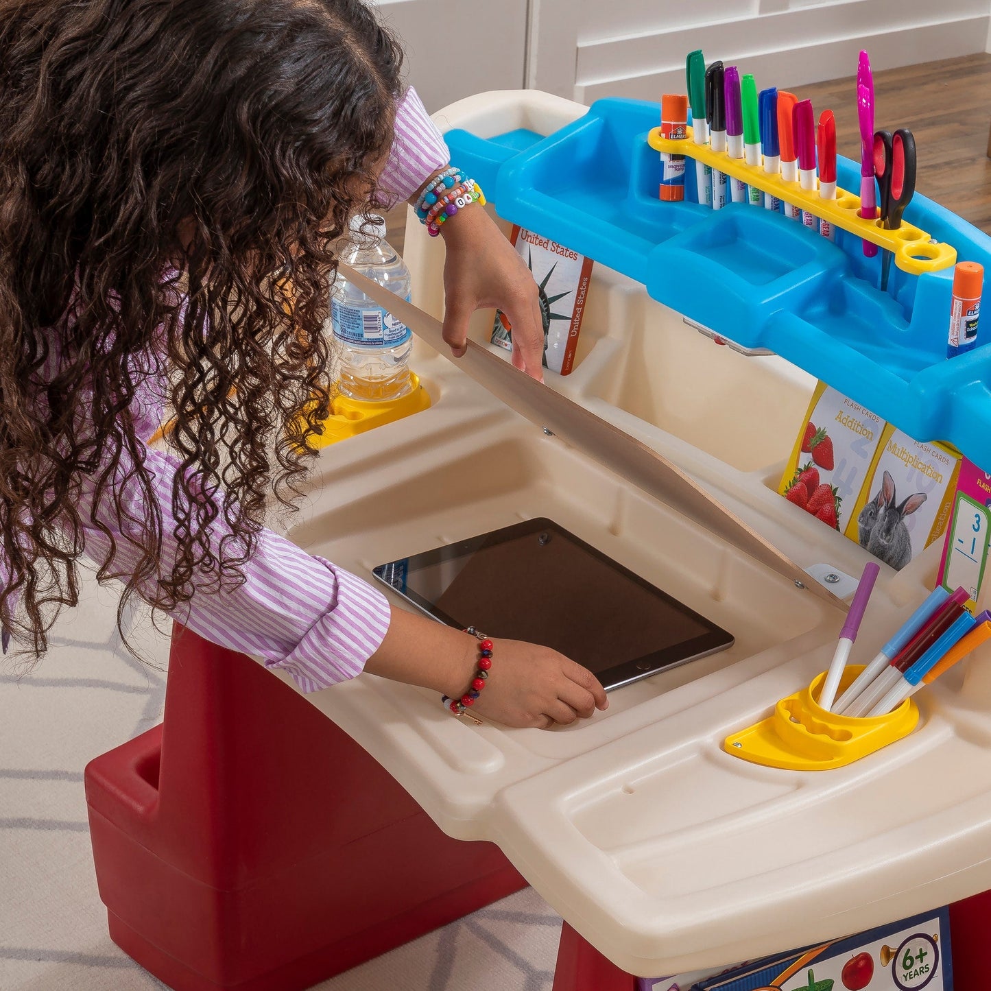 Deluxe Art Master Desk storage under whiteboard