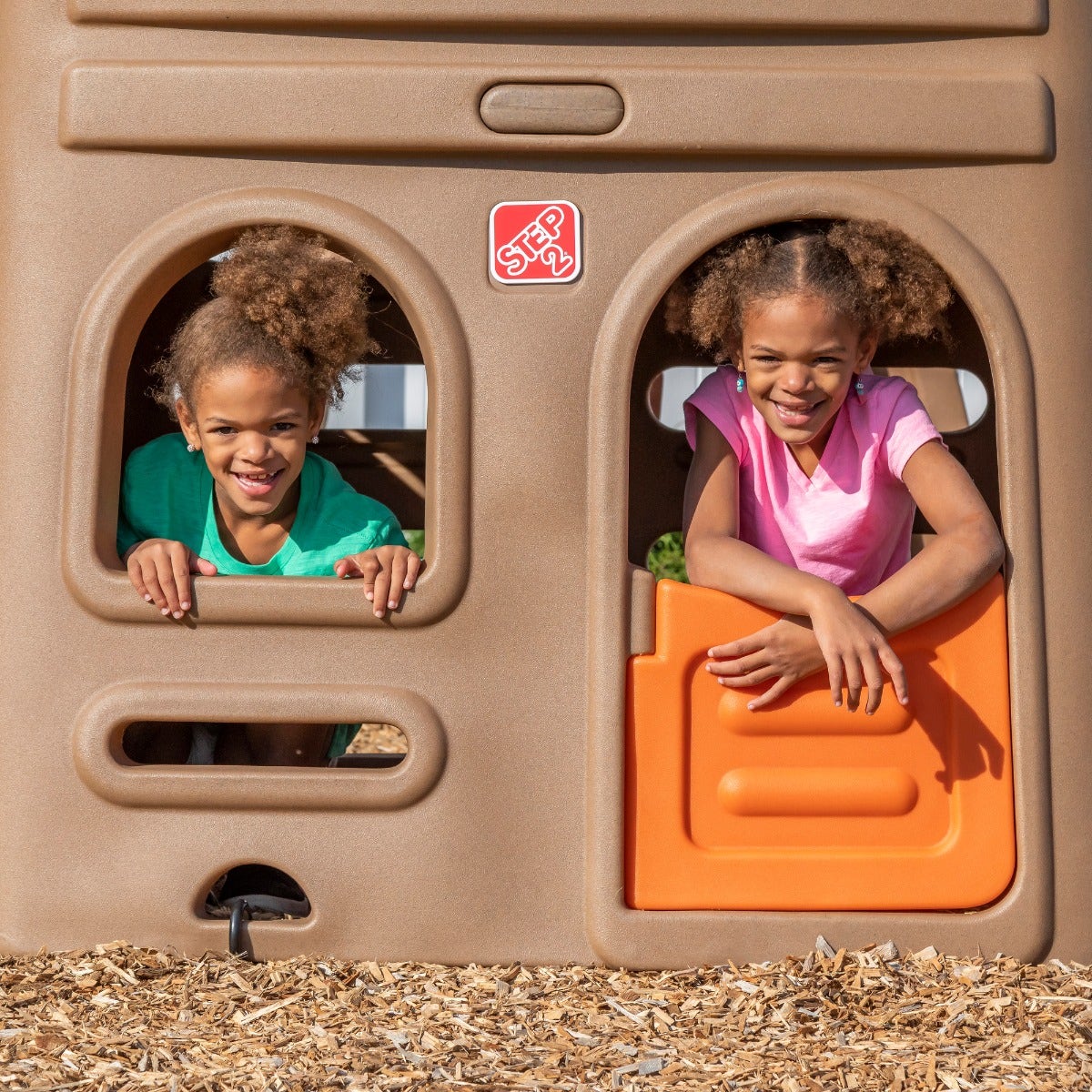 Naturally Playful™ Playhouse Climber & Swing Extension girls playing