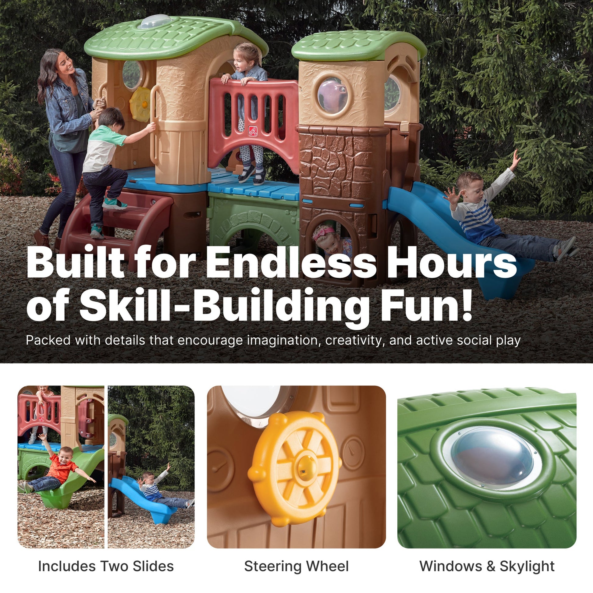 Clubhouse Climber includes 2 slides a steering wheel and windows and skylight
