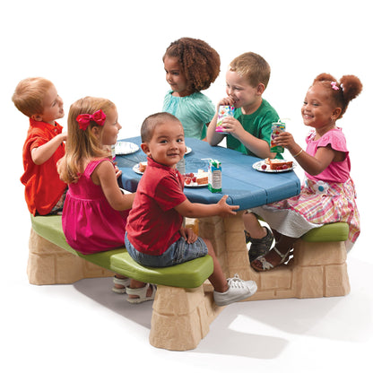 Naturally Playful™ Picnic Table with Umbrella - Earth kids eating at table shown without umbrella